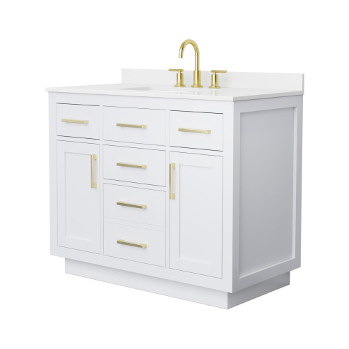 Wyndham Beckett 42 Inch Single Bathroom Vanity with Toe Kick in White, White Quartz Countertop, Undermount Square Sink (3-Hole), Brushed Gold Trim - WCG262642SWGWQUS3MXX