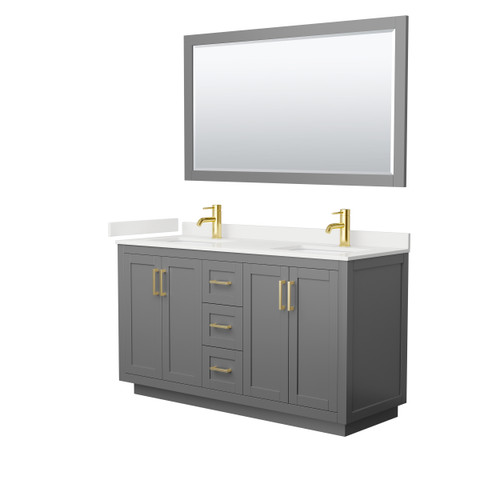 Wyndham Miranda 60 Inch Double Bathroom Vanity in Dark Gray, White Quartz Countertop, Undermount Square Sinks (1-Hole), Brushed Gold Trim, 58 Inch Mirror - WCF292960DGGWQUNSM58