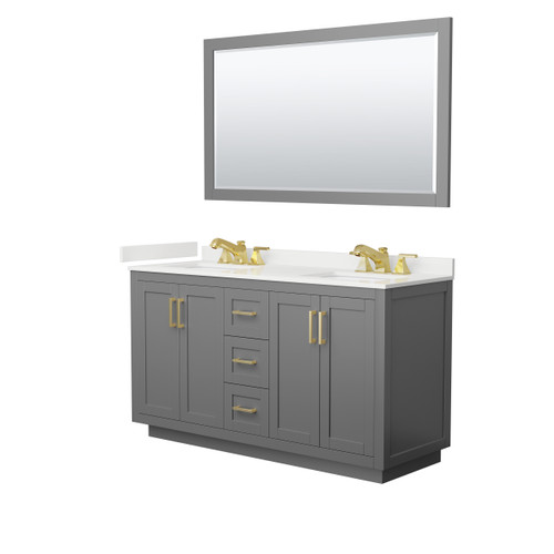 Wyndham Miranda 60 Inch Double Bathroom Vanity in Dark Gray, White Quartz Countertop, Undermount Square Sinks (3-Hole), Brushed Gold Trim, 58 Inch Mirror - WCF292960DGGWQUS3M58