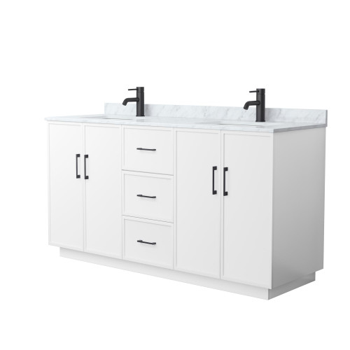 Wyndham Elan 66 Inch Double Bathroom Vanity with Toe Kick in White, White Carrara Marble Countertop, Undermount Square Sinks, Matte Black Trim - WCH747466DWBCMUNSMXX