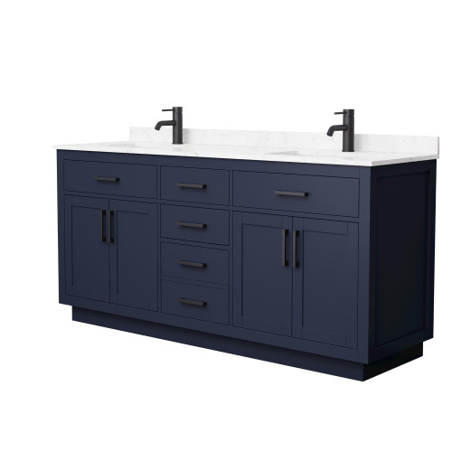 Wyndham Beckett 72 Inch Double Bathroom Vanity with Toe Kick in Dark Blue, Carrara Cultured Marble Countertop, Undermount Square Sinks, Matte Black Trim - WCG262672DBBCCUNSMXX