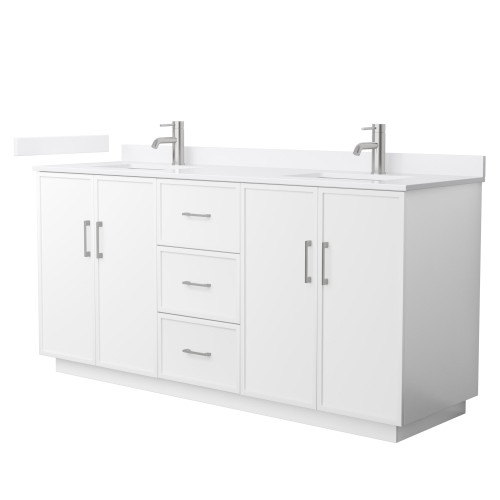 Wyndham Elan 72 Inch Double Bathroom Vanity with Toe Kick in White, White Cultured Marble Countertop, Undermount Square Sinks, Brushed Nickel Trim - WCH747472DWHWCUNSMXX
