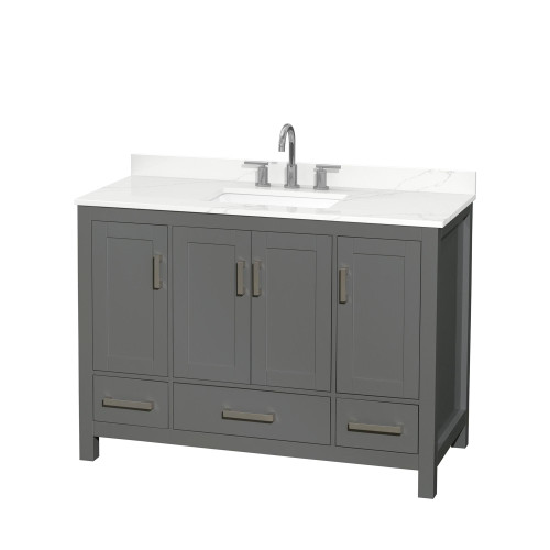 Wyndham Sheffield 48 Inch Single Bathroom Vanity in Dark Gray, Giotto Quartz Countertop, Undermount Square Sink (3-Hole), Brushed Chrome Trim - WCS141448SKGGTUS3MXX Wyndham Sheffield 48 Inch Single Bathroom Vanity in Dark Gray, Giotto Quartz Countertop, Undermount Square Sink (3-Hole), Brushed Chrome Trim - WCS141448SKGGTUS3MXX