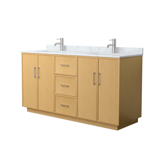 Wyndham Elan 66 Inch Double Bathroom Vanity with Toe Kick in Light Oak, White Carrara Marble Countertop, Undermount Square Sinks, Brushed Nickel Trim - WCH747466DIOCMUNSMXX