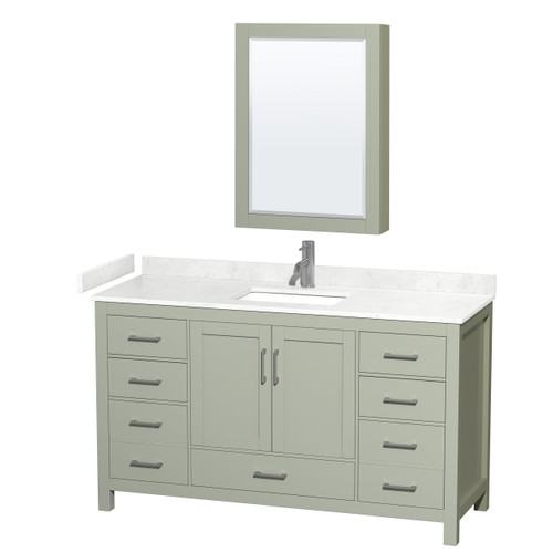 Wyndham Sheffield 60 inch Single Bathroom Vanity in Light Green, Carrara Cultured Marble Countertop, Undermount Square Sink, Brushed Nickel Trim, Medicine Cabinet - WCS141460SLGC2UNSMED