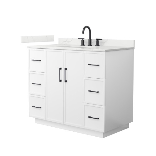 Wyndham Elan 42 Inch Single Bathroom Vanity with Toe Kick in White, Giotto Quartz Countertop, Undermount Square Sink (3-Hole), Matte Black Trim - WCH747442SWBGTUS3MXX