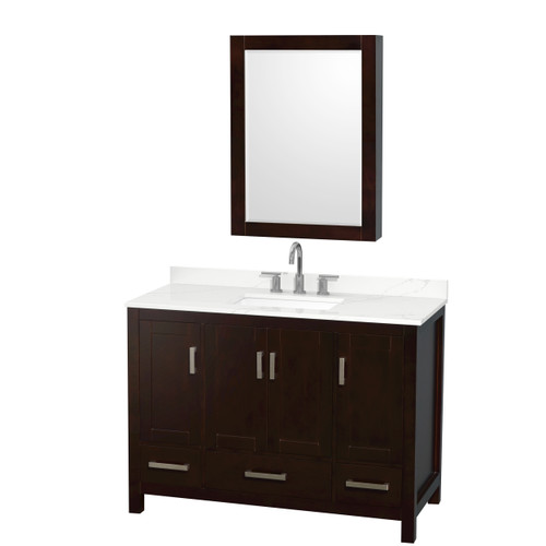 Wyndham Sheffield 48 Inch Single Bathroom Vanity in Espresso, Giotto Quartz Countertop, Undermount Square Sink (3-Hole), Brushed Chrome Trim, Medicine Cabinet - WCS141448SESGTUS3MED