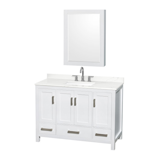 Wyndham Sheffield 48 Inch Single Bathroom Vanity in White, Giotto Quartz Countertop, Undermount Square Sink (3-Hole), Brushed Chrome Trim, Medicine Cabinet - WCS141448SWHGTUS3MED Wyndham Sheffield 48 Inch Single Bathroom Vanity in White, Giotto Quartz Countertop, Undermount Square Sink (3-Hole), Brushed Chrome Trim, Medicine Cabinet - WCS141448SWHGTUS3MED