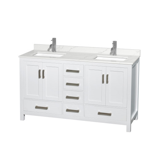Wyndham Sheffield 60 Inch Double Bathroom Vanity in White, Giotto Quartz Countertop, Undermount Square Sinks (1-Hole), Brushed Chrome Trim - WCS141460DWHGTUNSMXX
