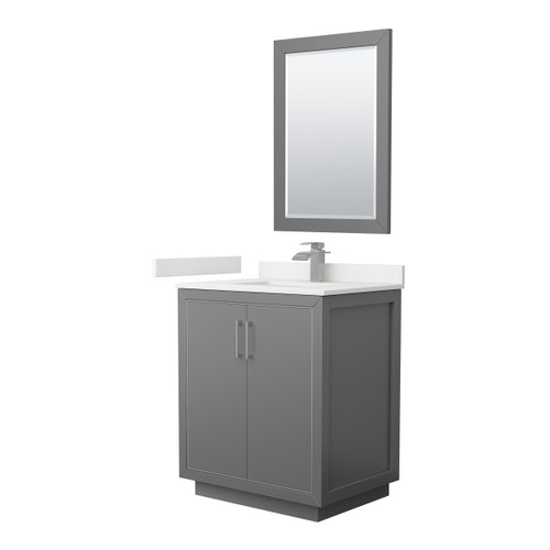 Wyndham Icon 30 Inch Single Bathroom Vanity in Dark Gray, White Quartz Countertop, Undermount Square Sink (1-Hole), Brushed Nickel Trim, 24 Inch Mirror - WCF111130SKGWQUNSM24