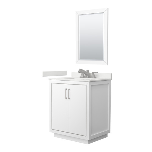 Wyndham Icon 30 Inch Single Bathroom Vanity in White, White Quartz Countertop, Undermount Square Sink (3-Hole), Brushed Nickel Trim, 24 Inch Mirror - WCF111130SWHWQUS3M24