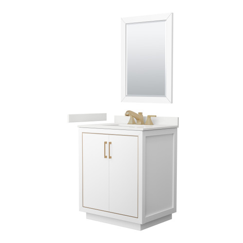 Wyndham Icon 30 Inch Single Bathroom Vanity in White, White Quartz Countertop, Undermount Square Sink (3-Hole), Satin Bronze Trim, 24 Inch Mirror - WCF111130SWZWQUS3M24