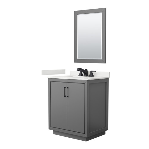 Wyndham Icon 30 Inch Single Bathroom Vanity in Dark Gray, White Quartz Countertop, Undermount Square Sink (3-Hole), Matte Black Trim, 24 Inch Mirror - WCF111130SGBWQUS3M24