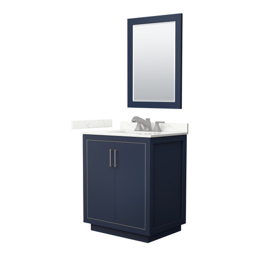 Wyndham Icon 30 Inch Single Bathroom Vanity in Dark Blue, Giotto Quartz Countertop, Undermount Square Sink (3-Hole), Brushed Nickel Trim, 24 Inch Mirror - WCF111130SBNGTUS3M24