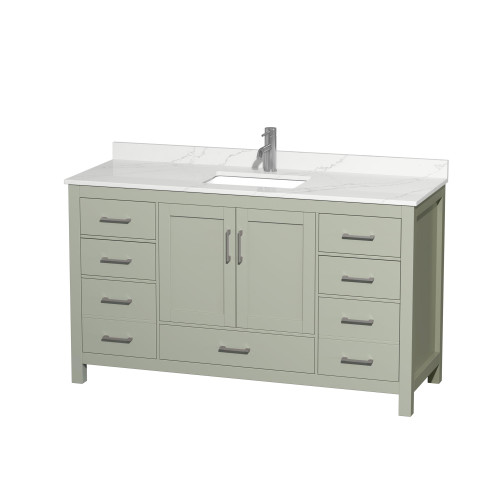 Wyndham Sheffield 60 Inch Single Bathroom Vanity in Light Green, Giotto Quartz Countertop, Undermount Square Sink (1-Hole), Brushed Nickel Trim - WCS141460SLGGTUNSMXX