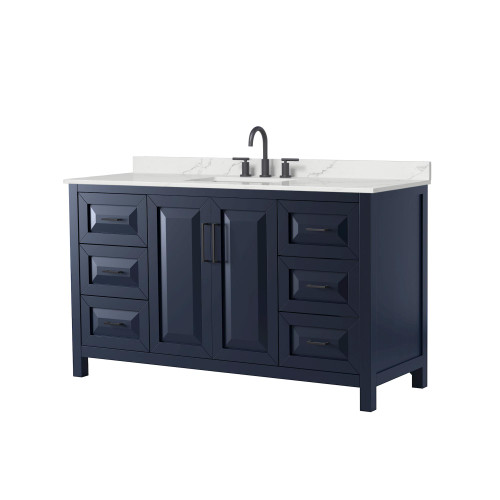 Wyndham Daria 60 Inch Single Bathroom Vanity in Dark Blue, Giotto Quartz Countertop, Undermount Square Sink (3-Hole), Matte Black Trim - WCV252560SBBGTUS3MXX Wyndham Daria 60 Inch Single Bathroom Vanity in Dark Blue, Giotto Quartz Countertop, Undermount Square Sink (3-Hole), Matte Black Trim - WCV252560SBBGTUS3MXX