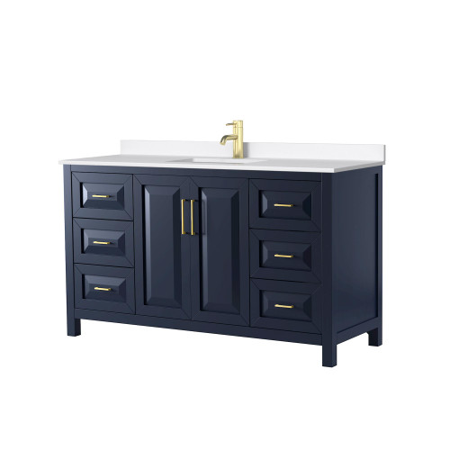 Wyndham Daria 60 Inch Single Bathroom Vanity in Dark Blue, White Quartz Countertop, Undermount Square Sink (1-Hole), Brushed Gold Trim - WCV252560SBLWQUNSMXX Wyndham Daria 60 Inch Single Bathroom Vanity in Dark Blue, White Quartz Countertop, Undermount Square Sink (1-Hole), Brushed Gold Trim - WCV252560SBLWQUNSMXX