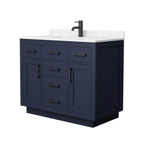 Wyndham Beckett 42 Inch Single Bathroom Vanity with Toe Kick in Dark Blue, Carrara Cultured Marble Countertop, Undermount Square Sink, Matte Black Trim - WCG262642SBBCCUNSMXX