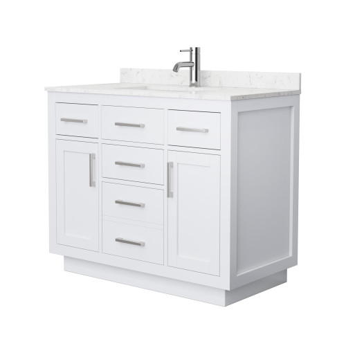 Wyndham Beckett 42 Inch Single Bathroom Vanity with Toe Kick in White, Carrara Cultured Marble Countertop, Undermount Square Sink, Brushed Nickel Trim - WCG262642SWHCCUNSMXX