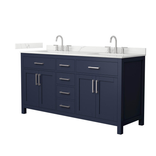 Wyndham Beckett 66 Inch Double Bathroom Vanity in Dark Blue, Giotto Quartz Countertop, Undermount Square Sinks (3-Hole), Brushed Nickel Trim - WCG242466DBNGTUS3MXX