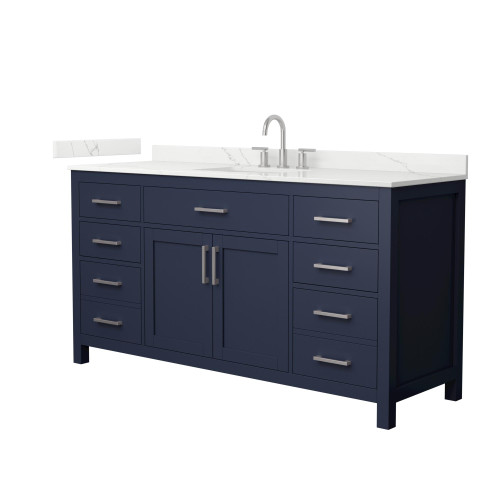 Wyndham Beckett 66 Inch Single Bathroom Vanity in Dark Blue, Giotto Quartz Countertop, Undermount Square Sink (3-Hole), Brushed Nickel Trim - WCG242466SBNGTUS3MXX