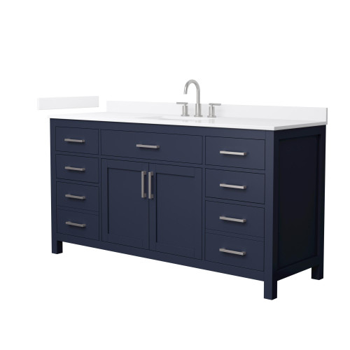 Wyndham Beckett 66 Inch Single Bathroom Vanity in Dark Blue, White Quartz Countertop, Undermount Square Sink (3-Hole), Brushed Nickel Trim - WCG242466SBNWQUS3MXX Wyndham Beckett 66 Inch Single Bathroom Vanity in Dark Blue, White Quartz Countertop, Undermount Square Sink (3-Hole), Brushed Nickel Trim - WCG242466SBNWQUS3MXX