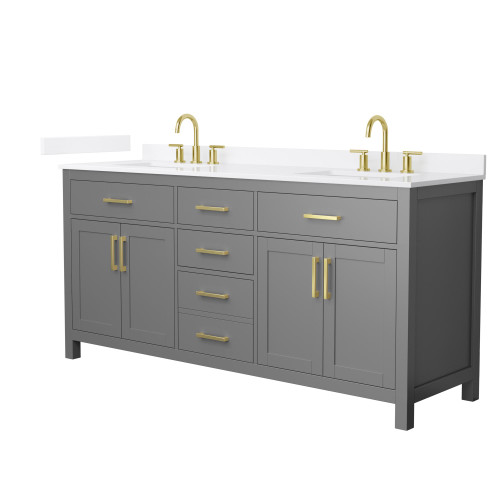 Wyndham Beckett 72 Inch Double Bathroom Vanity in Dark Gray, White Quartz Countertop, Undermount Square Sinks (3-Hole), Brushed Gold Trim - WCG242472DGGWQUS3MXX