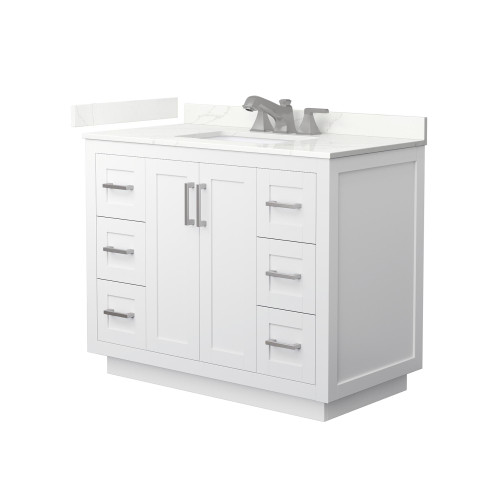 Wyndham Miranda 42 Inch Single Bathroom Vanity in White, Giotto Quartz Countertop, Undermount Square Sink (3-Hole), Brushed Nickel Trim - WCF292942SWHGTUS3MXX Wyndham Miranda 42 Inch Single Bathroom Vanity in White, Giotto Quartz Countertop, Undermount Square Sink (3-Hole), Brushed Nickel Trim - WCF292942SWHGTUS3MXX
