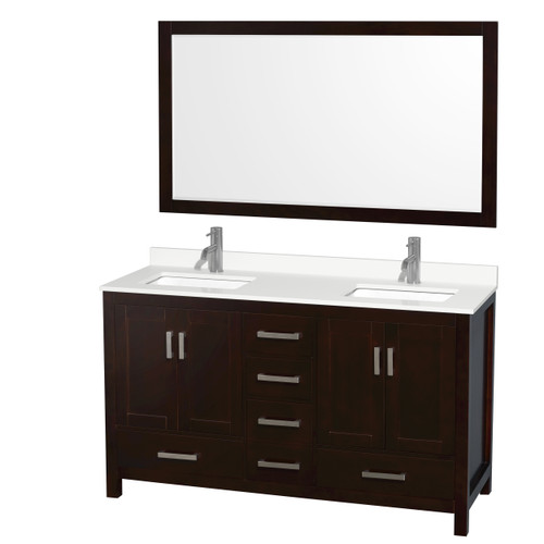 Wyndham Sheffield 60 Inch Double Bathroom Vanity in Espresso, White Quartz Countertop, Undermount Square Sinks (1-Hole), Brushed Chrome Trim, 58 Inch Mirror - WCS141460DESWQUNSM58