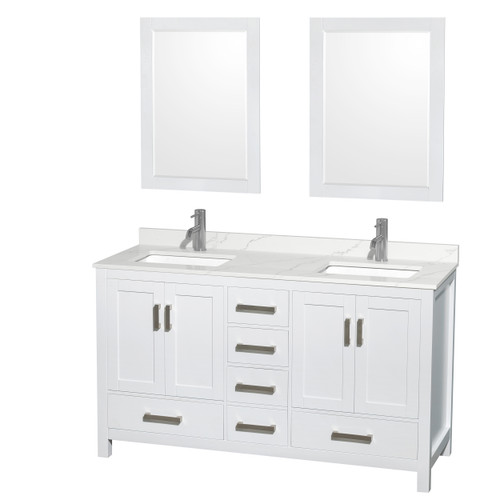 Wyndham Sheffield 60 Inch Double Bathroom Vanity in White, Giotto Quartz Countertop, Undermount Square Sinks (1-Hole), Brushed Chrome Trim, 24 Inch Mirrors - WCS141460DWHGTUNSM24