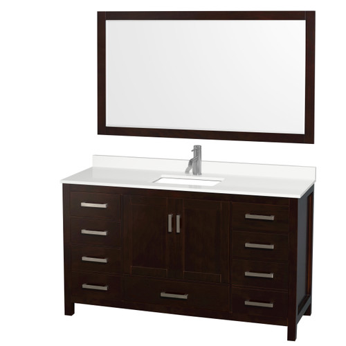 Wyndham Sheffield 60 Inch Single Bathroom Vanity in Espresso, White Quartz Countertop, Undermount Square Sink (1-Hole), Brushed Chrome Trim, 58 Inch Mirror - WCS141460SESWQUNSM58