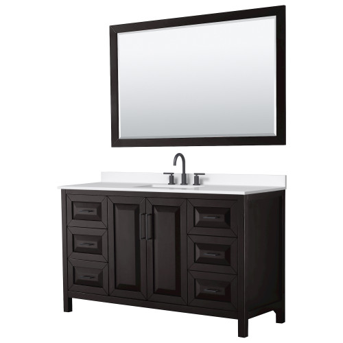Wyndham Daria 60 Inch Single Bathroom Vanity in Dark Espresso, White Quartz Countertop, Undermount Square Sink (3-Hole), Matte Black Trim, 58 Inch Mirror - WCV252560SEBWQUS3M58 Wyndham Daria 60 Inch Single Bathroom Vanity in Dark Espresso, White Quartz Countertop, Undermount Square Sink (3-Hole), Matte Black Trim, 58 Inch Mirror - WCV252560SEBWQUS3M58