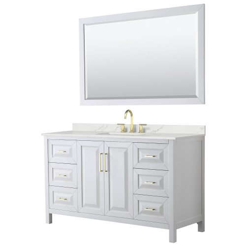 Wyndham Daria 60 Inch Single Bathroom Vanity in White, Giotto Quartz Countertop, Undermount Square Sink (3-Hole), Brushed Gold Trim, 58 Inch Mirror - WCV252560SWGGTUS3M58