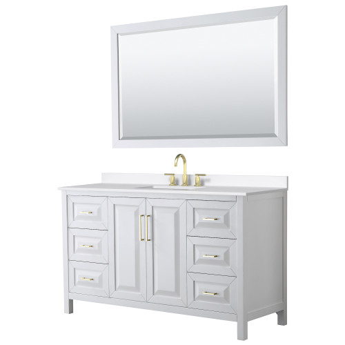 Wyndham Daria 60 Inch Single Bathroom Vanity in White, White Quartz Countertop, Undermount Square Sink (3-Hole), Brushed Gold Trim, 58 Inch Mirror - WCV252560SWGWQUS3M58 Wyndham Daria 60 Inch Single Bathroom Vanity in White, White Quartz Countertop, Undermount Square Sink (3-Hole), Brushed Gold Trim, 58 Inch Mirror - WCV252560SWGWQUS3M58