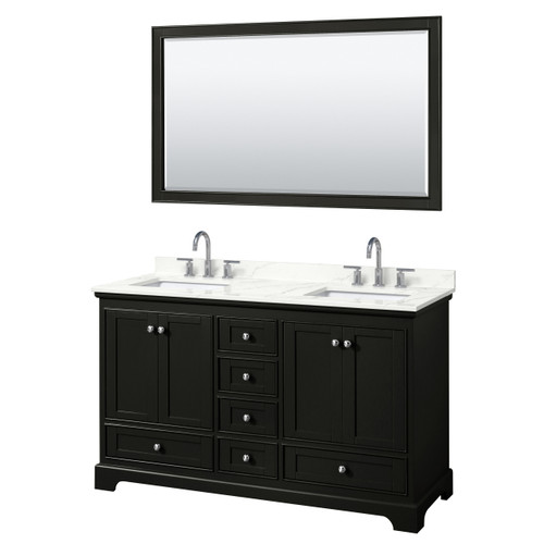 Wyndham Deborah 60 Inch Double Bathroom Vanity in Dark Espresso, Giotto Quartz Countertop, Undermount Square Sinks (3-Hole), Polished Chrome Trim, 58 Inch Mirror - WCS202060DDEGTUS3M58