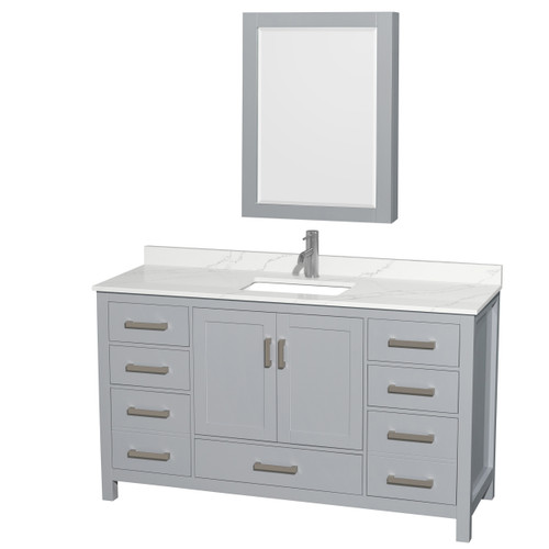 Wyndham Sheffield 60 Inch Single Bathroom Vanity in Gray, Giotto Quartz Countertop, Undermount Square Sink (1-Hole), Brushed Chrome Trim, Medicine Cabinet - WCS141460SGYGTUNSMED Wyndham Sheffield 60 Inch Single Bathroom Vanity in Gray, Giotto Quartz Countertop, Undermount Square Sink (1-Hole), Brushed Chrome Trim, Medicine Cabinet - WCS141460SGYGTUNSMED