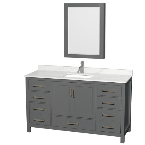 Wyndham Sheffield 60 Inch Single Bathroom Vanity in Dark Gray, Giotto Quartz Countertop, Undermount Square Sink (1-Hole), Brushed Chrome Trim, Medicine Cabinet - WCS141460SKGGTUNSMED