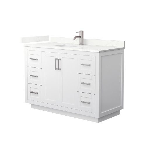 Wyndham Miranda 48 Inch Single Bathroom Vanity in White, Giotto Quartz Countertop, Undermount Square Sink (1-Hole), Brushed Nickel Trim - WCF292948SWHGTUNSMXX Wyndham Miranda 48 Inch Single Bathroom Vanity in White, Giotto Quartz Countertop, Undermount Square Sink (1-Hole), Brushed Nickel Trim - WCF292948SWHGTUNSMXX