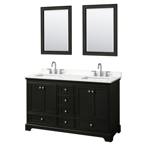 Wyndham Deborah 60 Inch Double Bathroom Vanity in Dark Espresso, White Quartz Countertop, Undermount Square Sinks (3-Hole), Polished Chrome Trim, 24 Inch Mirrors - WCS202060DDEWQUS3M24