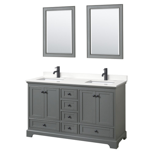 Wyndham Deborah 60 Inch Double Bathroom Vanity in Dark Gray, White Quartz Countertop, Undermount Square Sinks (1-Hole), Matte Black Trim, 24 Inch Mirrors - WCS202060DGBWQUNSM24
