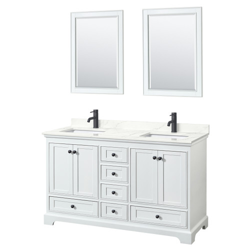 Wyndham Deborah 60 Inch Double Bathroom Vanity in White, Giotto Quartz Countertop, Undermount Square Sinks (1-Hole), Matte Black Trim, 24 Inch Mirrors - WCS202060DWBGTUNSM24 Wyndham Deborah 60 Inch Double Bathroom Vanity in White, Giotto Quartz Countertop, Undermount Square Sinks (1-Hole), Matte Black Trim, 24 Inch Mirrors - WCS202060DWBGTUNSM24