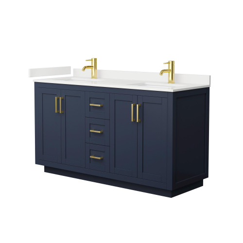 Wyndham Miranda 60 Inch Double Bathroom Vanity in Dark Blue, White Quartz Countertop, Undermount Square Sinks (1-Hole), Brushed Gold Trim - WCF292960DBLWQUNSMXX
