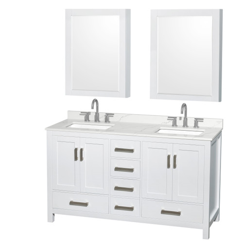Wyndham Sheffield 60 Inch Double Bathroom Vanity in White, Giotto Quartz Countertop, Undermount Square Sinks (3-Hole), Brushed Chrome Trim, Medicine Cabinets - WCS141460DWHGTUS3MED Wyndham Sheffield 60 Inch Double Bathroom Vanity in White, Giotto Quartz Countertop, Undermount Square Sinks (3-Hole), Brushed Chrome Trim, Medicine Cabinets - WCS141460DWHGTUS3MED