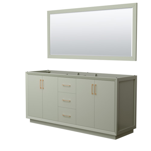 Wyndham Strada 72 Inch Double Bathroom Vanity in Light Green, No Countertop, No Sink, Satin Bronze Trim, 70 Inch Mirror - WCF414172DLZCXSXXM70