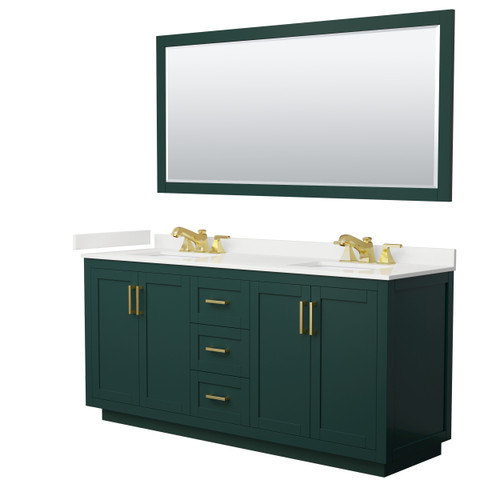 Wyndham Miranda 72 Inch Double Bathroom Vanity in Green, White Quartz Countertop, Undermount Square Sinks (3-Hole), Brushed Gold Trim, 70 Inch Mirror - WCF292972DGDWQUS3M70