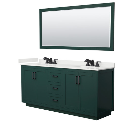 Wyndham Miranda 72 Inch Double Bathroom Vanity in Green, White Quartz Countertop, Undermount Square Sinks (3-Hole), Matte Black Trim, 70 Inch Mirror - WCF292972DGKWQUS3M70