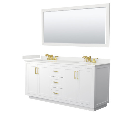 Wyndham Miranda 72 Inch Double Bathroom Vanity in White, White Quartz Countertop, Undermount Square Sinks (3-Hole), Brushed Gold Trim, 70 Inch Mirror - WCF292972DWGWQUS3M70