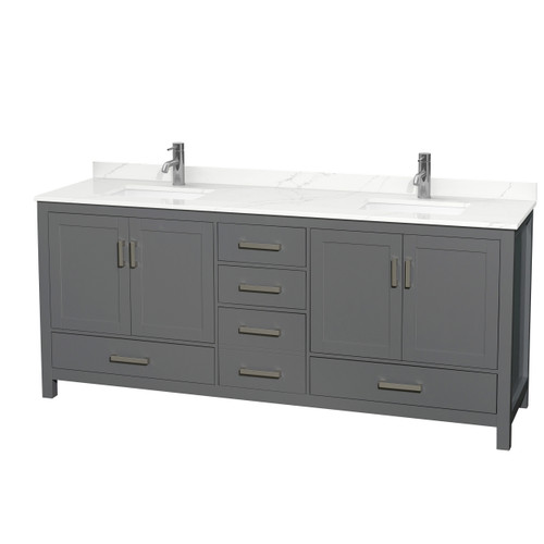 Wyndham Sheffield 80 Inch Double Bathroom Vanity in Dark Gray, Giotto Quartz Countertop, Undermount Square Sinks (1-Hole), Brushed Chrome Trim - WCS141480DKGGTUNSMXX