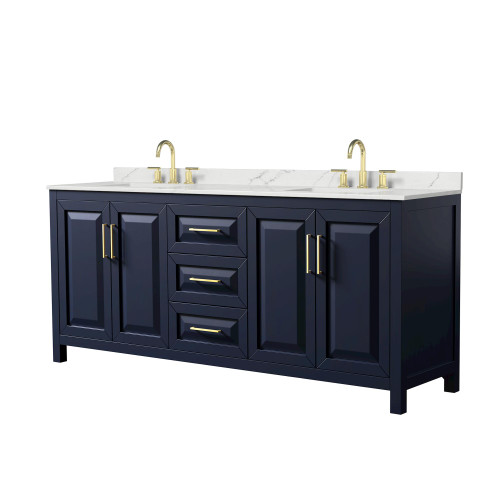 Wyndham Daria 80 Inch Double Bathroom Vanity in Dark Blue, Giotto Quartz Countertop, Undermount Square Sinks (3-Hole), Brushed Gold Trim - WCV252580DBLGTUS3MXX
