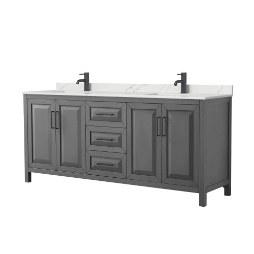 Wyndham Daria 80 Inch Double Bathroom Vanity in Dark Gray, Giotto Quartz Countertop, Undermount Square Sinks (1-Hole), Matte Black Trim - WCV252580DGBGTUNSMXX